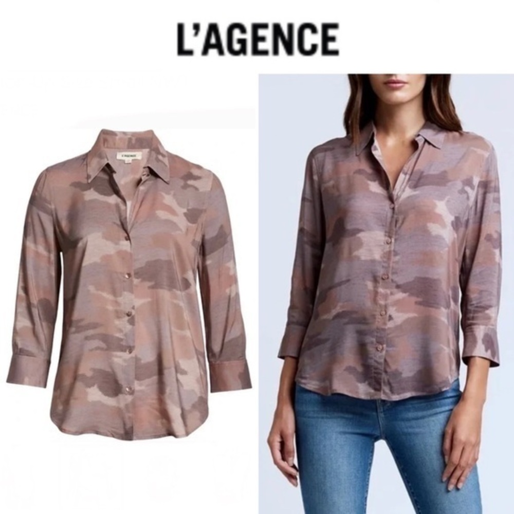 L'AGENCE Camille Nude Dusty Pink Camo Blouse Button-Up XS NWT 275$